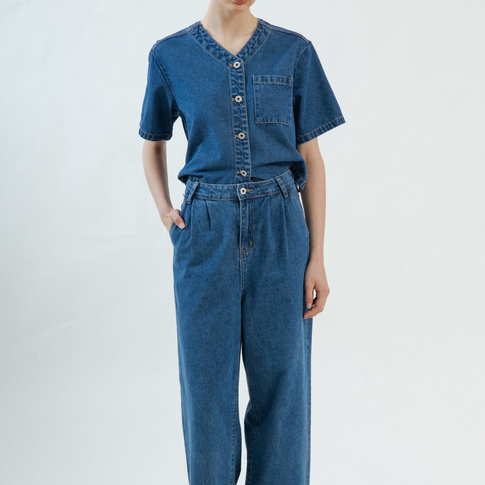 V Neck Denim Pocket Top (Denim)
