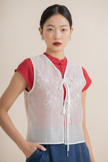 Sheer Blossom Embroidery Vest (Ivory)