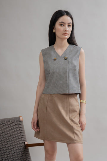 Houndstooth V-Neck Sleeveless Top (Slategrey)