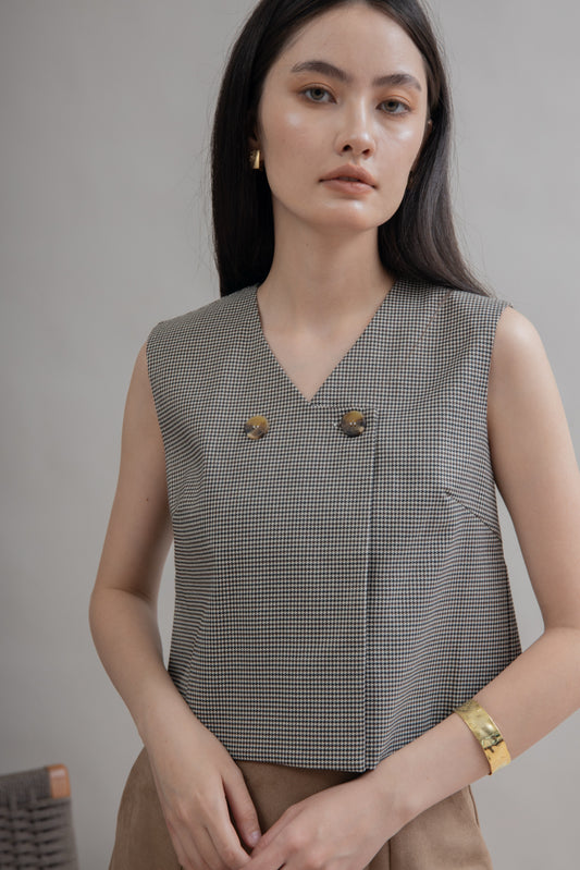 Houndstooth V-Neck Sleeveless Top (Slategrey)