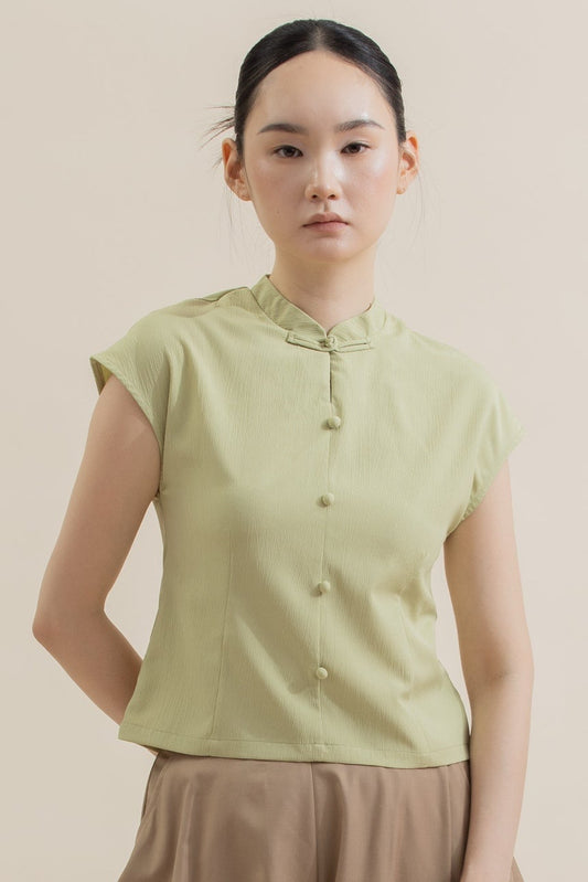 Textured Cap-Sleeve Cheongsam Top (Pastel Green)