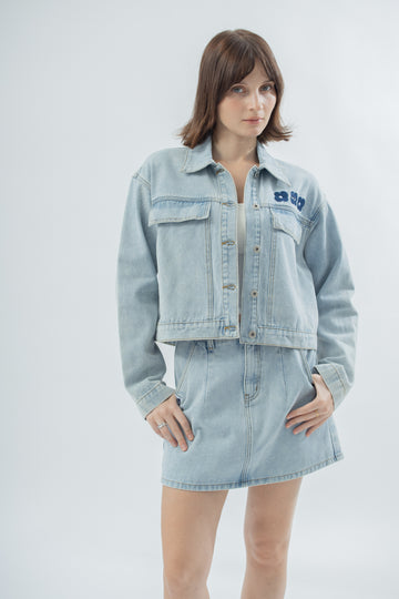 LULU Embroidery Crop Denim Jacket (Washed Denim)