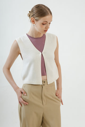 Open-Front Relaxed Knit Vest (Beige)