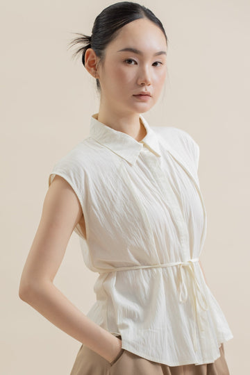 Front Pleated Collared Sleeveless Top (Beige)