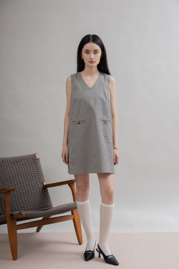 Houndstooth V-Neck Sleeveless Dress (Slategrey)