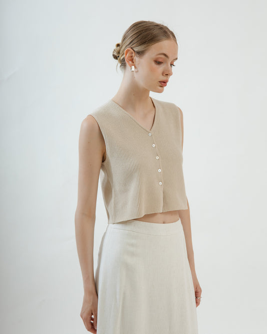 V Neck Sleeveless Ribbed Knit Top (Beige)