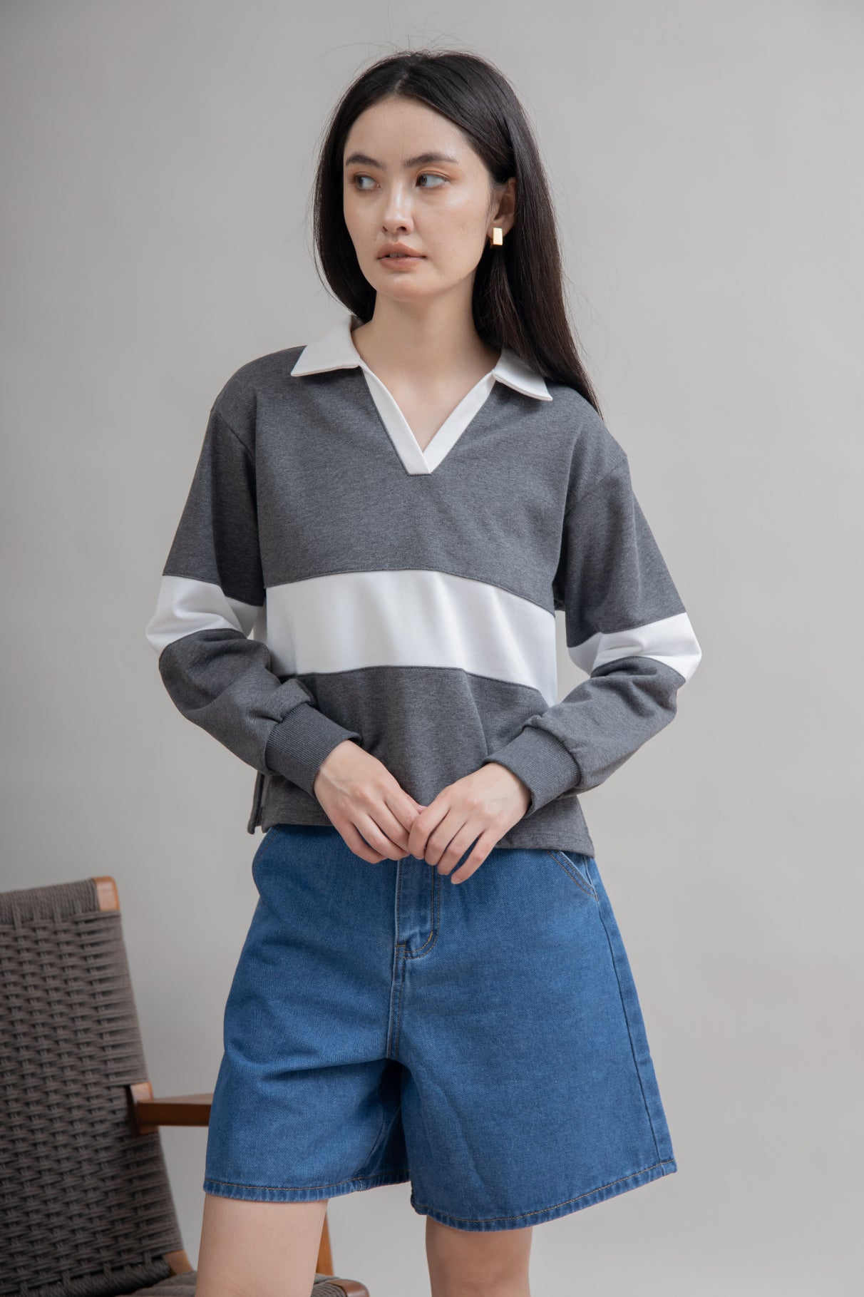 Oxford Long Sleeve Polo Top (Grey Mix)