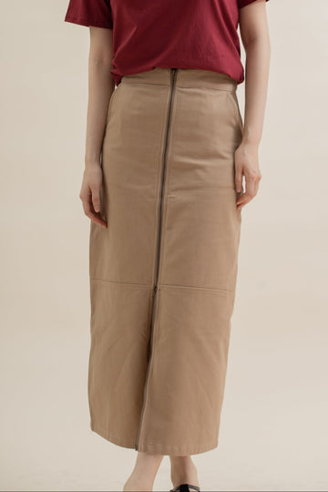 Front Zipper Cut & Sew Long Skirt (Khaki)