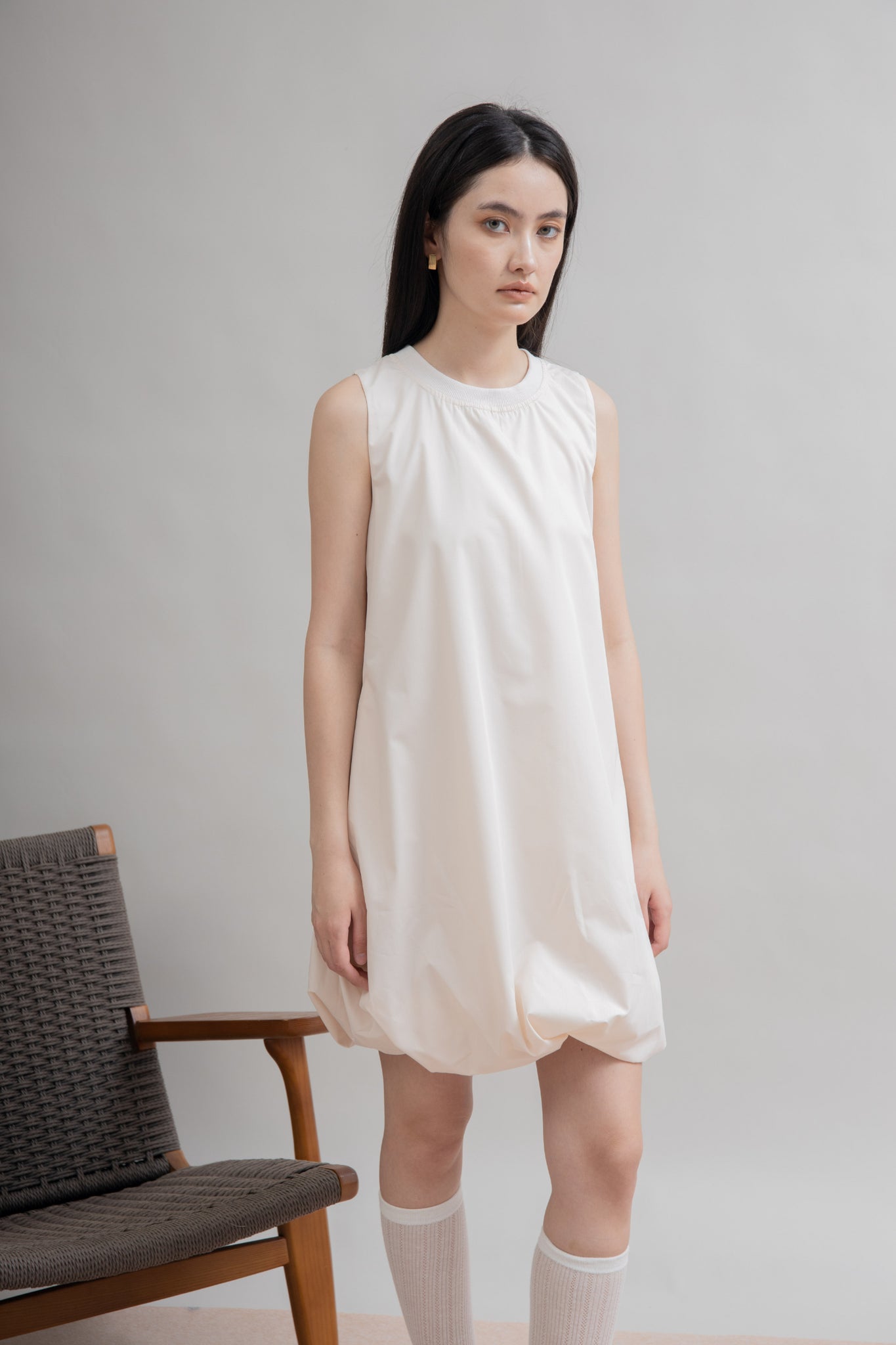 Puffy Sleeveless Mini Dress (Beige)