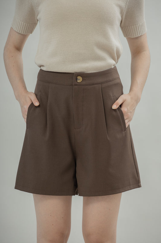 Rowan Front Pleated Shorts (Dark Brown)