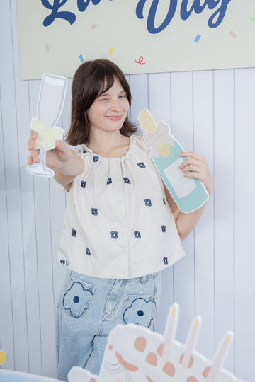 LULU Embroidery Drawstring Neckline Blouse (Beige)