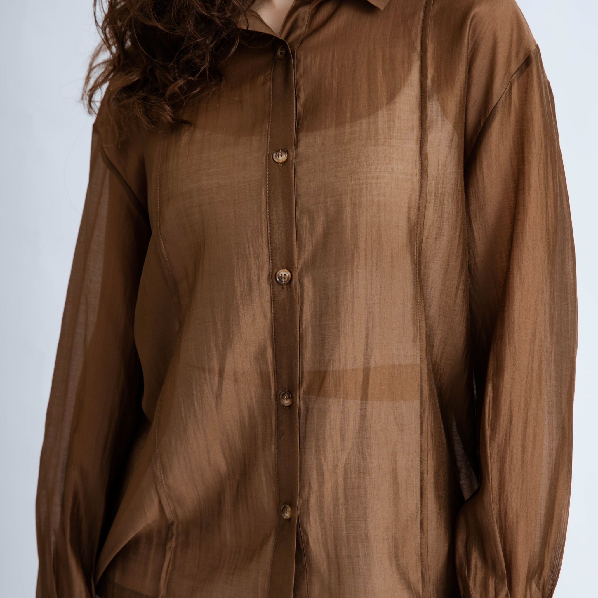 Sheer Long Sleeve Tencel Shirt (Brown)