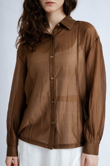 Sheer Long Sleeve Tencel Shirt (Brown)