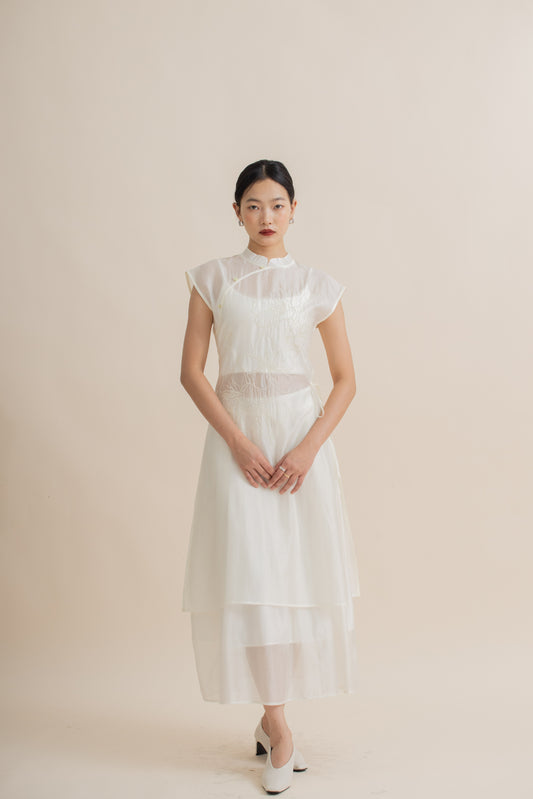 Sheer Blossom Embroidery Cheongsam Dress (Ivory)
