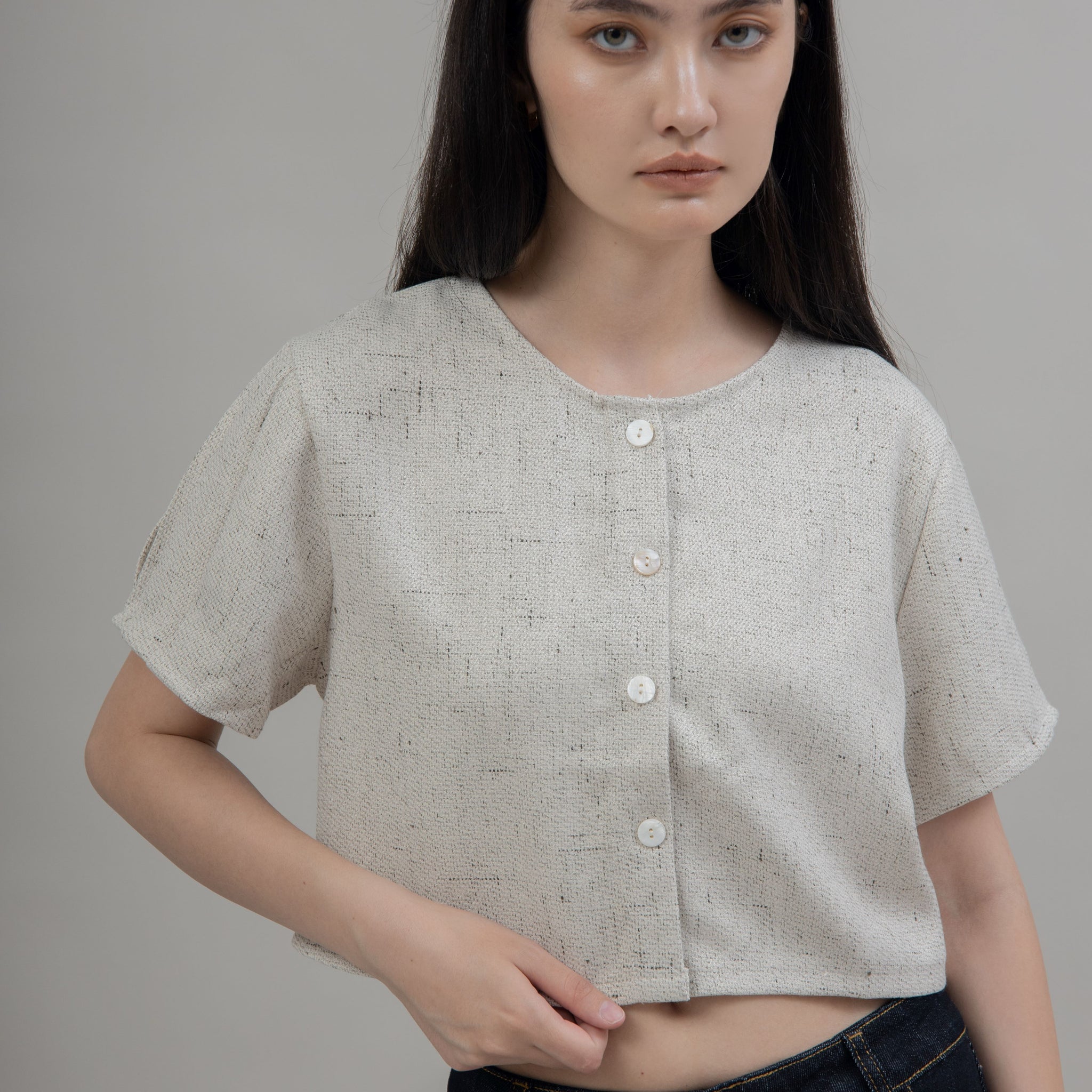 Button Down Tweed Two-Way Blouse (Grey Mix)