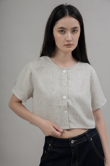 Button Down Tweed Two-Way Blouse (Grey Mix)