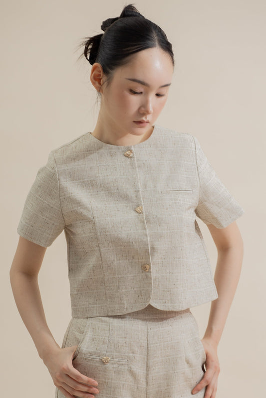 Mirelle Button Short Sleeve Top (Khaki Grey Mix)