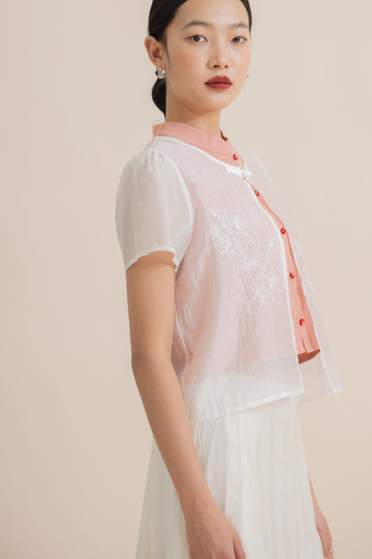 Sheer Blossom Embroidery Puffy Sleeve Top (Pink)