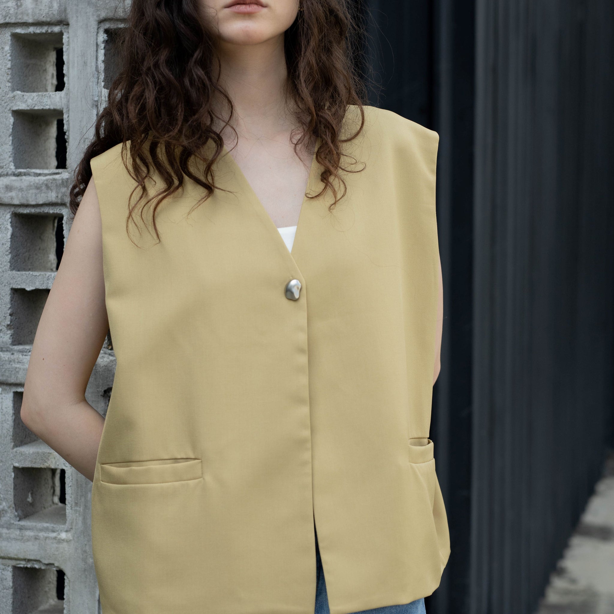 Asymmetric Single Button Sleeveless Vest (Sand)
