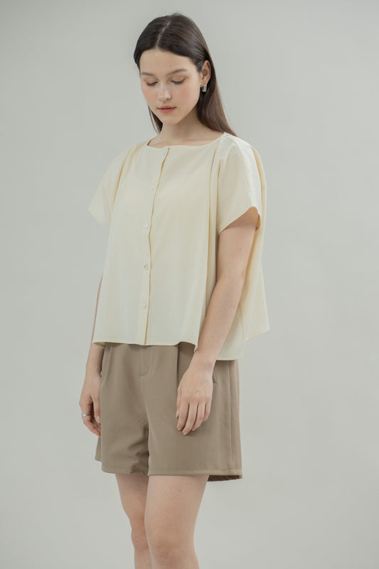 Boxy Square Button Down Top (Beige)