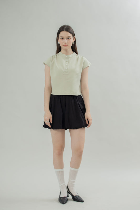 Mandarin Collar Cap-Sleeve Top (Green Stripes)
