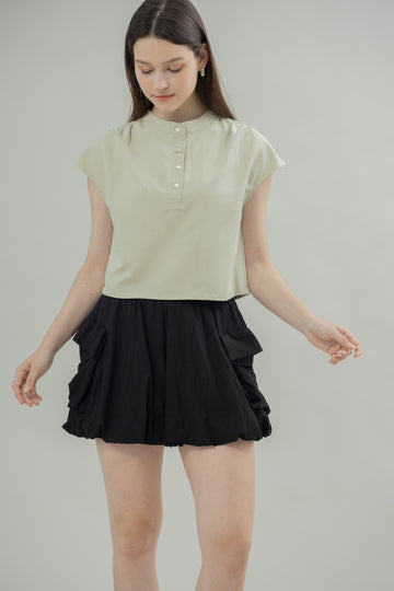 Mandarin Collar Cap-Sleeve Top (Green Stripes)