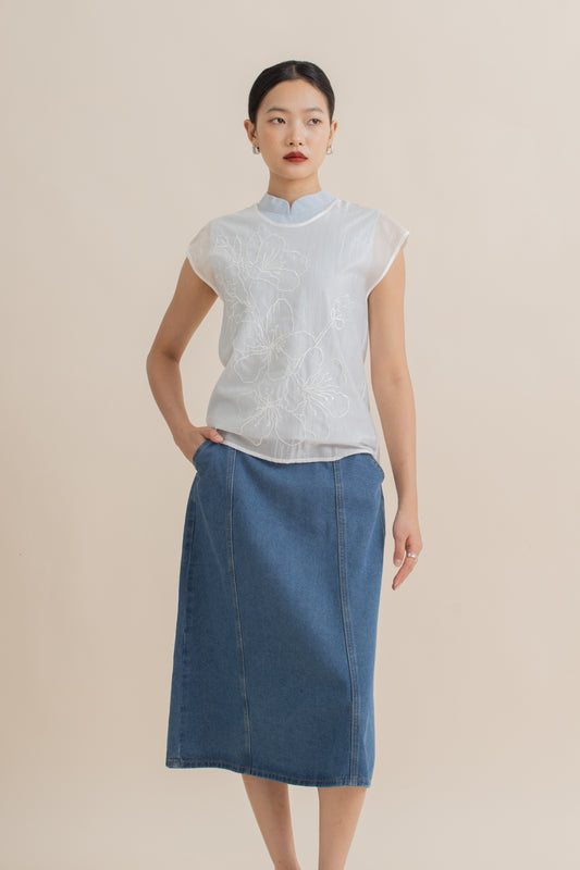 A-Line Paneled Midi Skirt (Washed Denim)