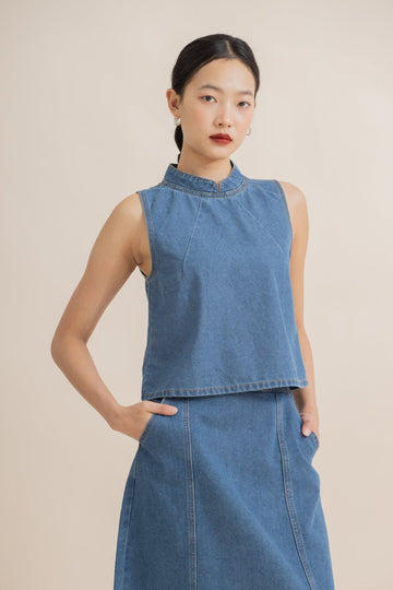 Neck Pleated Sleeveless Top (Washed Denim)