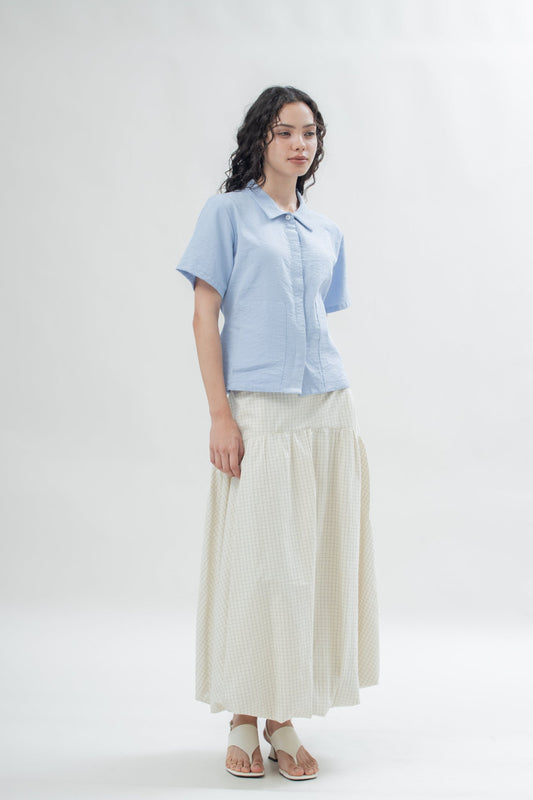 Poppy Plaid Puffy Long Skirt (Beige Checked)