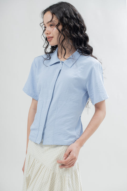 Summer Back-Tie Short Sleeve Blouse (Light Blue)