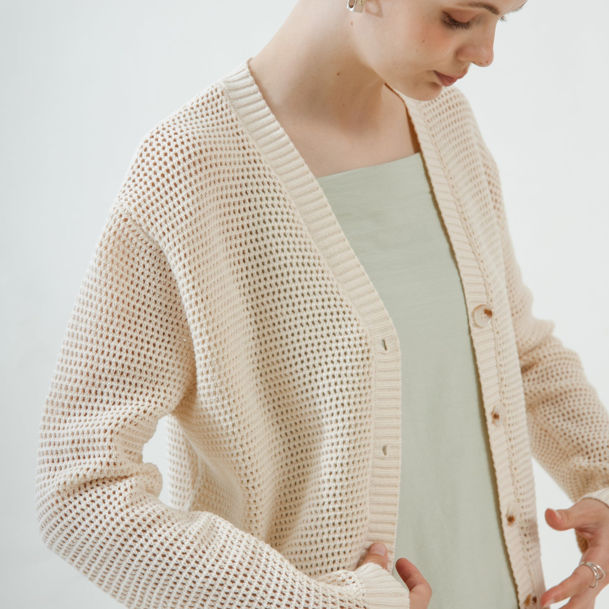 Hollow V Neck Knit Cardigan (Beige)