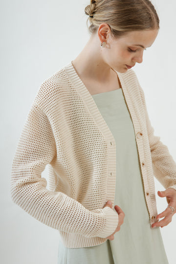 Hollow V Neck Knit Cardigan (Beige)