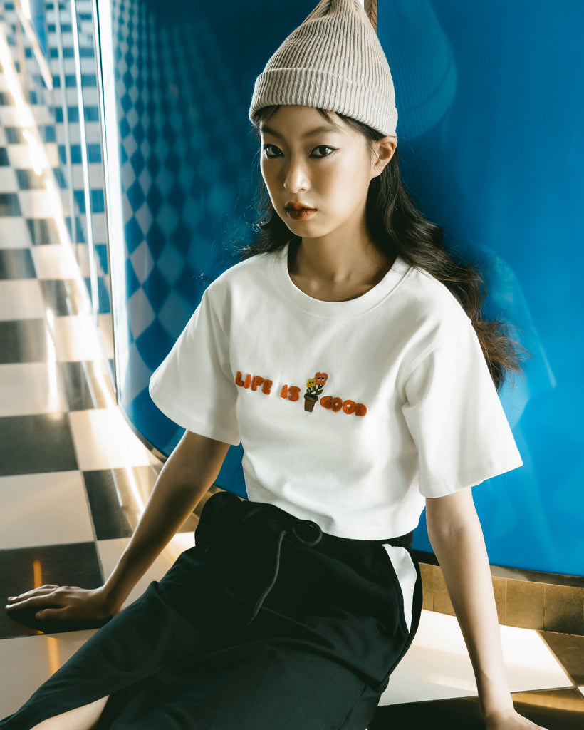 LULU Life Is Good Embroidery Crop Top (White)