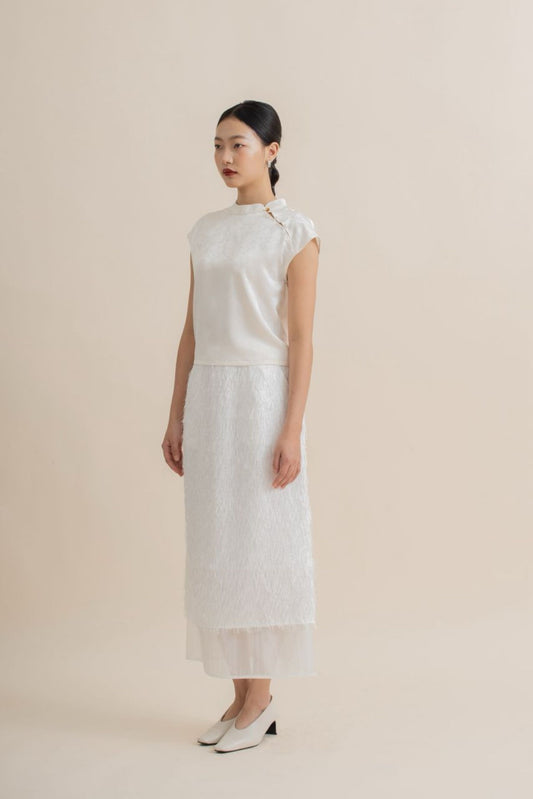Fringe Textured Long Skirt (Ivory)