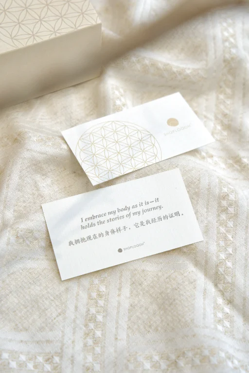SHOPLOOOH Gentle Dialogue energy cards resting on natural linen
