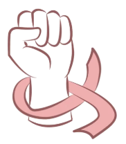 Line illustration of a raised fist wrapped in a pink ribbon