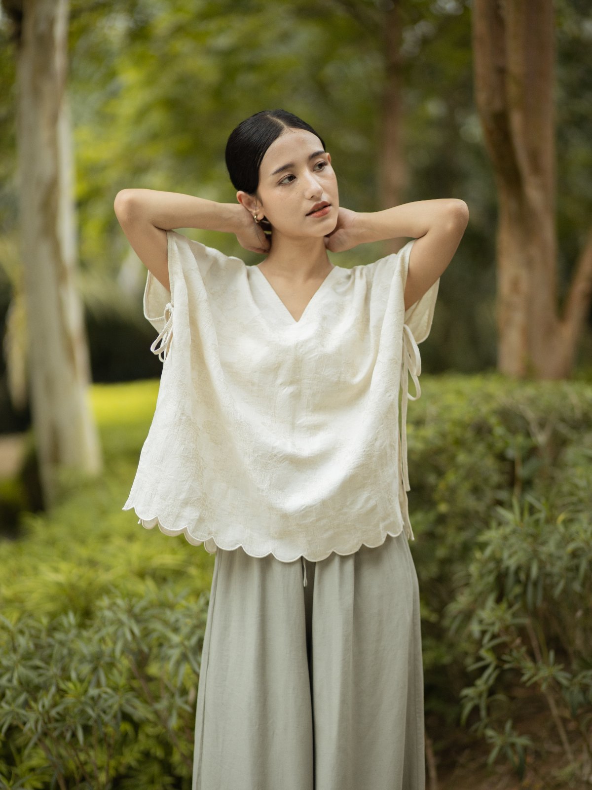 SHOPLOOOH Re Collection embroidered scallop top and soft sage trousers among the trees
