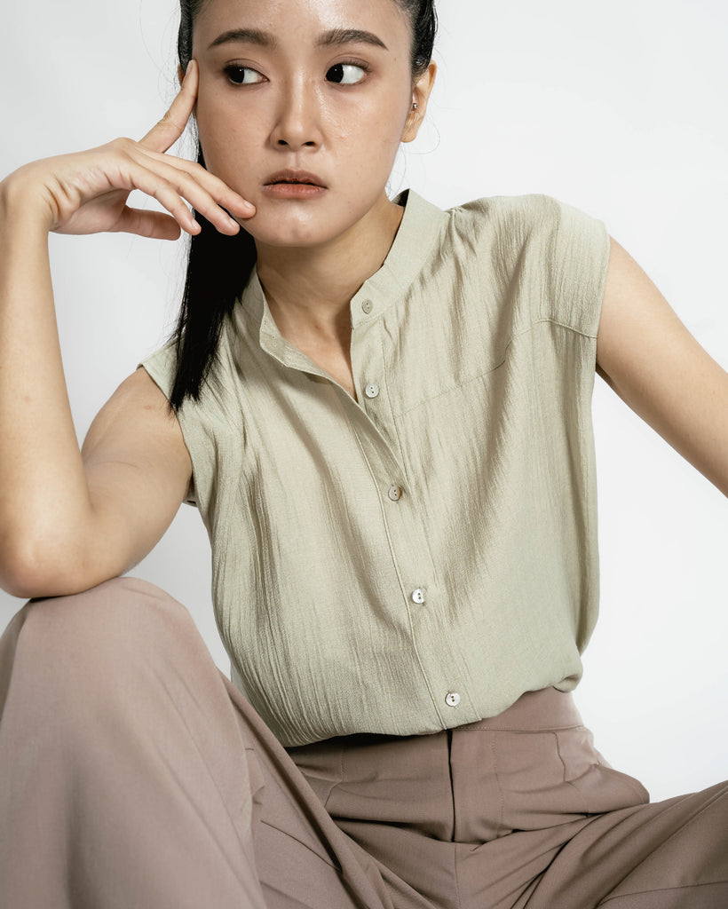 Mandarin Collar Sleeveless Blouse (Ash Green)