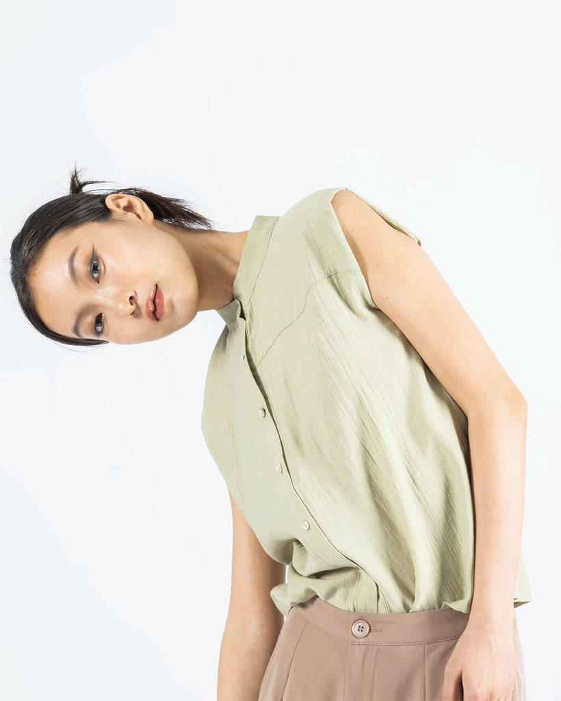 Mandarin Collar Sleeveless Blouse (Ash Green)