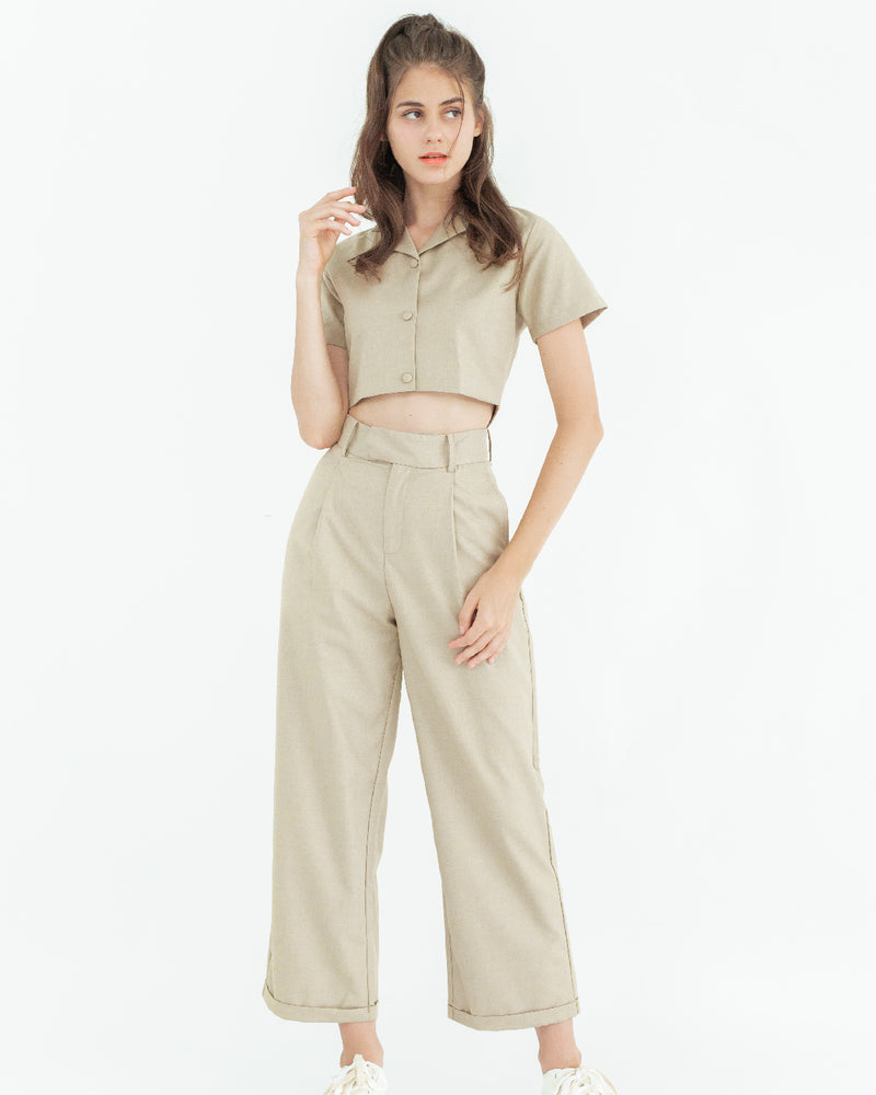 High Waist Straight Cut Trousers (Light Khaki)