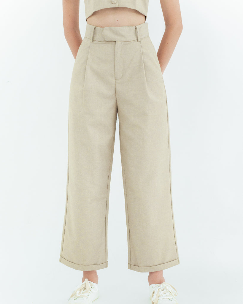High Waist Straight Cut Trousers (Light Khaki)