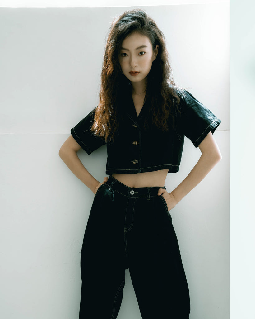 Denim Notch Collar Button Crop Top (Denim)