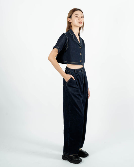 Denim Notch Collar Button Crop Top (Denim)