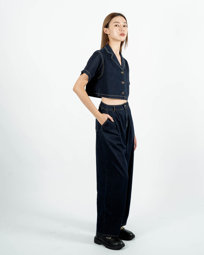 Denim Notch Collar Button Crop Top (Denim)