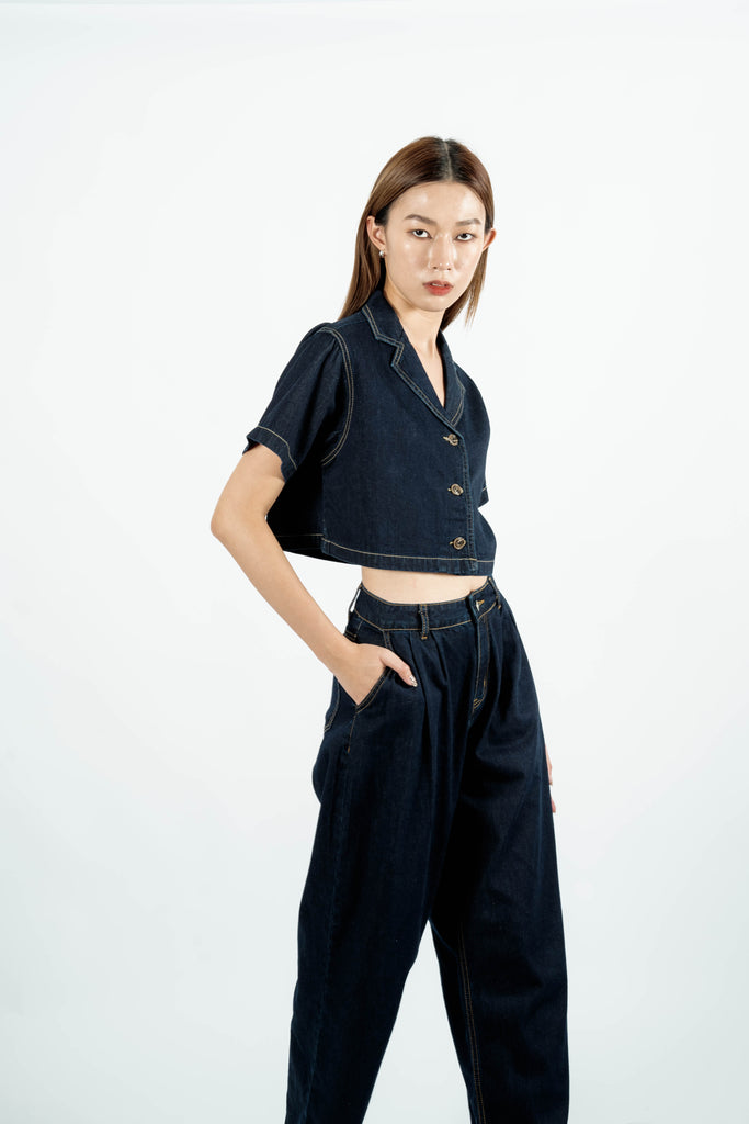 Denim Notch Collar Button Crop Top (Denim)