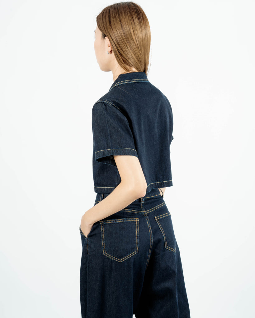 Denim Notch Collar Button Crop Top (Denim)