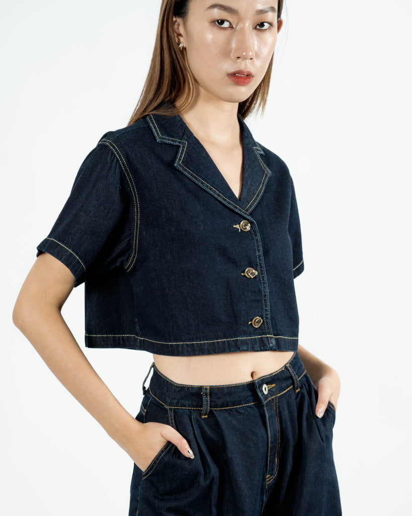 Denim Notch Collar Button Crop Top (Denim)