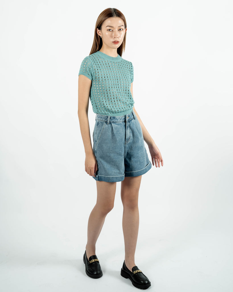 Knit Mesh Short Sleeve Top (Turquoise)