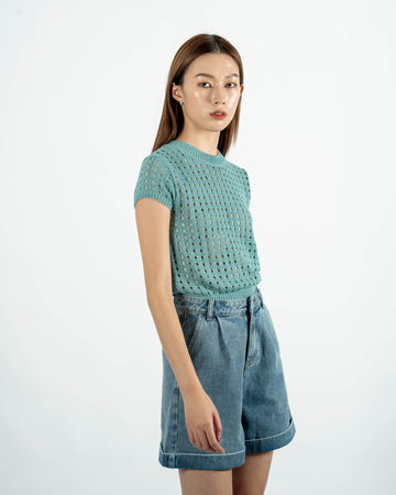 Knit Mesh Short Sleeve Top (Turquoise)