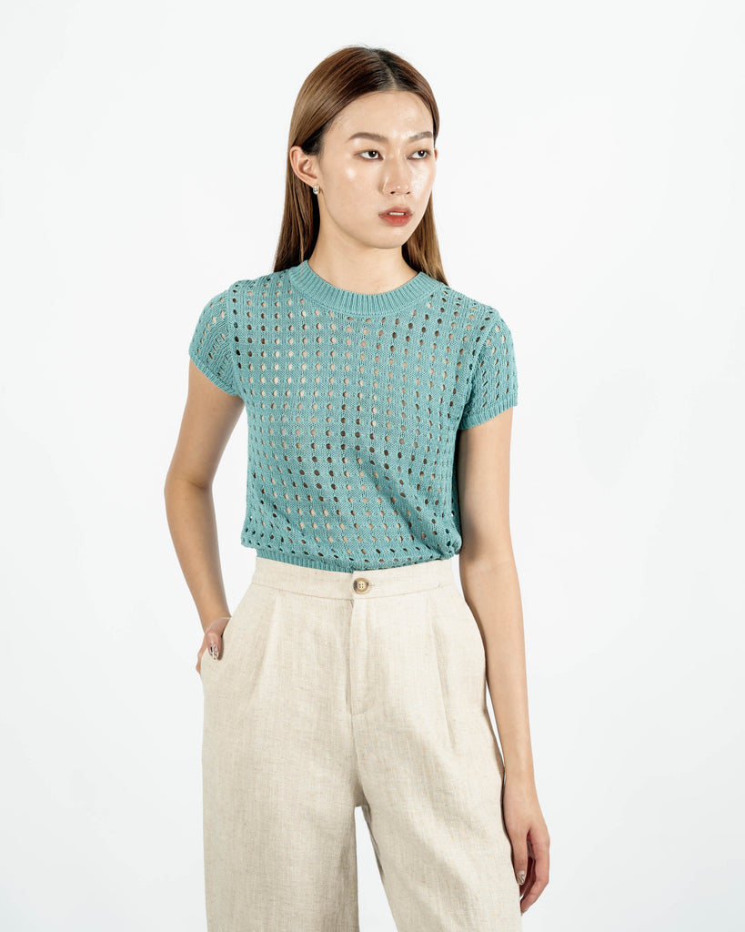Knit Mesh Short Sleeve Top (Turquoise)